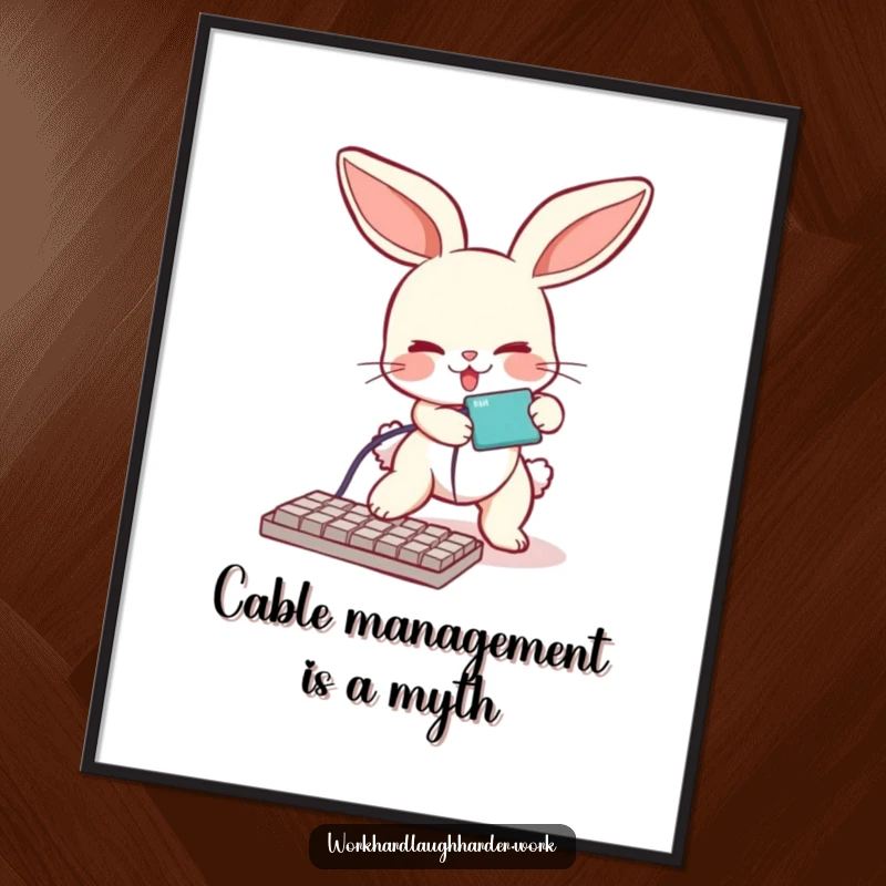 Funny Free Printable Bunny Wall Art, bunny tripping over a keyboard cable, humorous tech decor, downloadable.