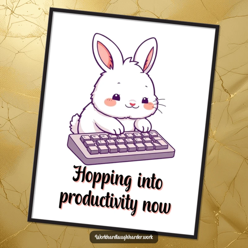 Funny Free Printable Wall Art: Energetic fluffy Rabbit rapidly tapping on a computer keyboard with great enthusiasm.