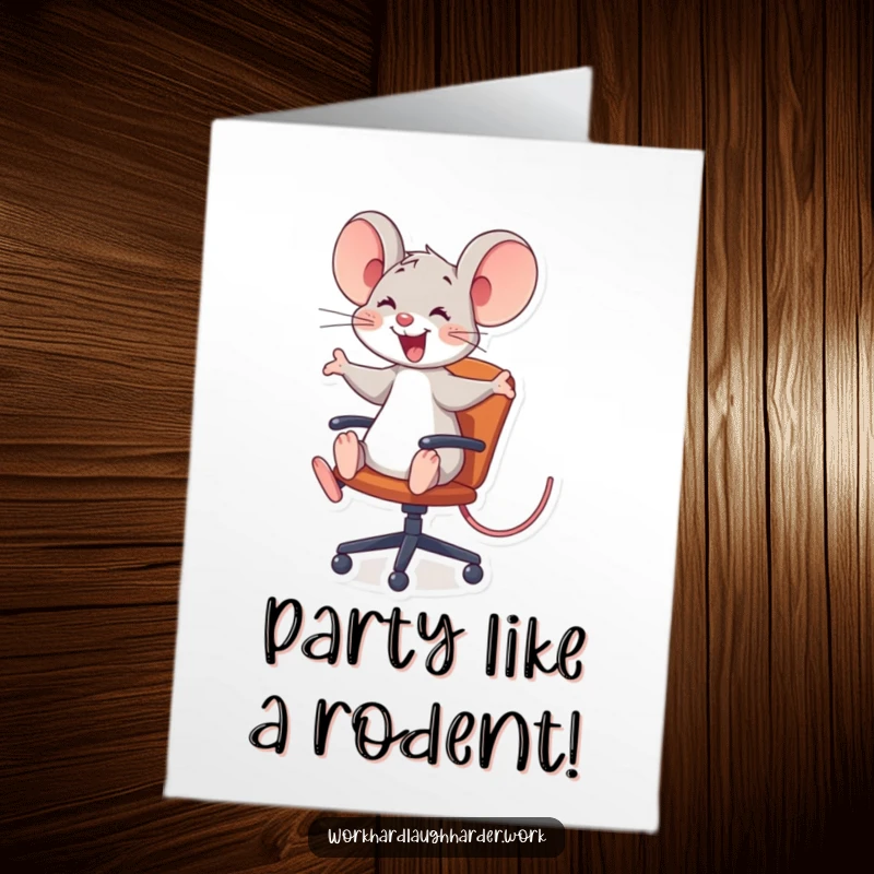 Funny Free Printable Birthday Card showing a happy mouse comically speeding on a rolling office chair.