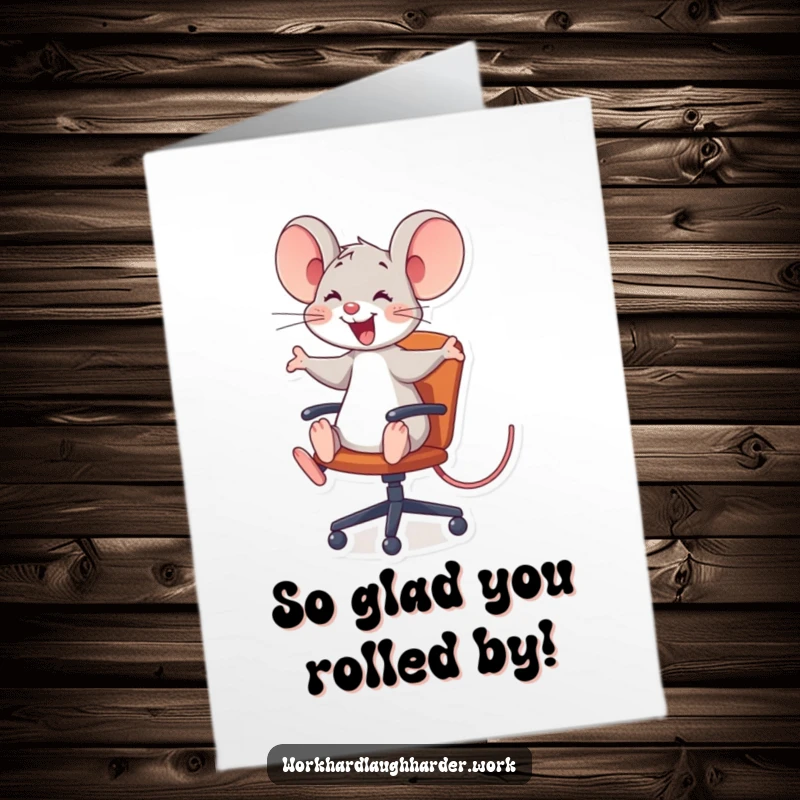Funny Free Printable Thank You Card depicting a joyful mouse comically riding a rolling office chair.