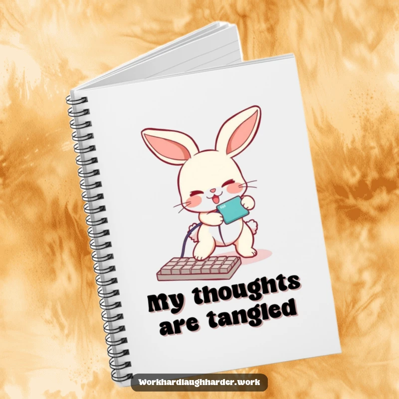 Funny notebook cover with a bunny comically tripping over a keyboard cable, designed for writing notes with a touch of tech humor.