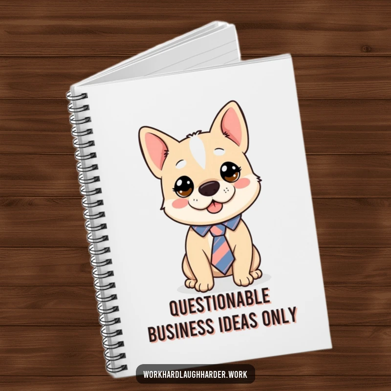 Funny dog character comically wearing a tie askew, ready to take notes in a charming notebook, an ideal funny gift.