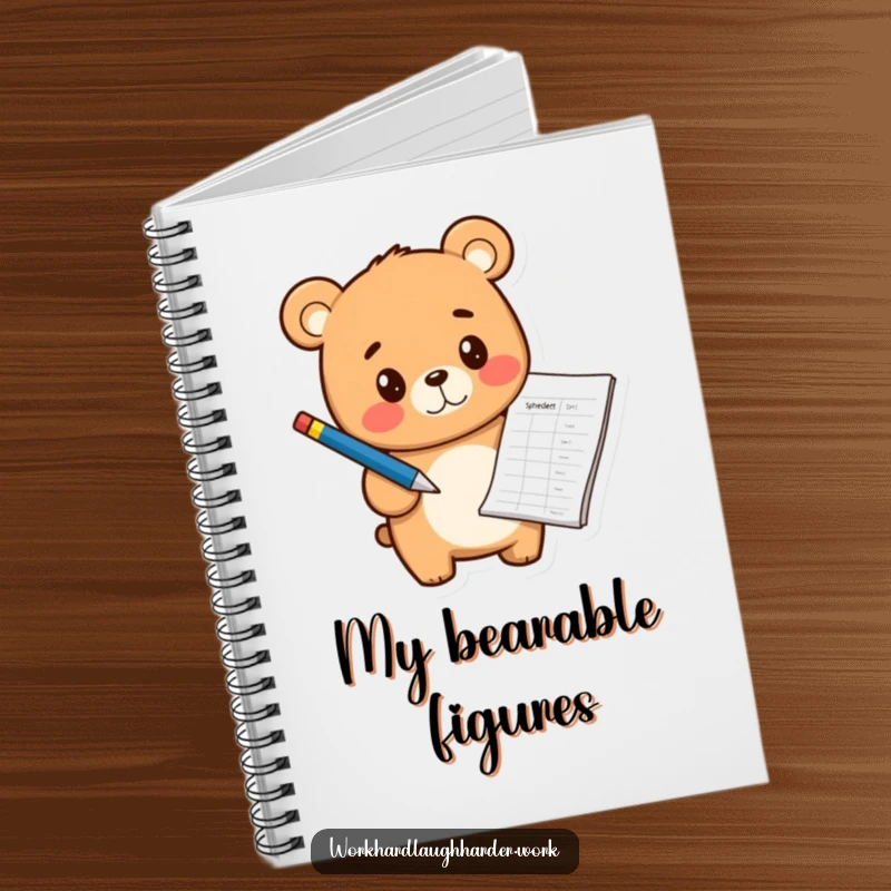 Funny cheerful bear cub holding a pen and pointing at a spreadsheet, featured on the cover of a notebook.