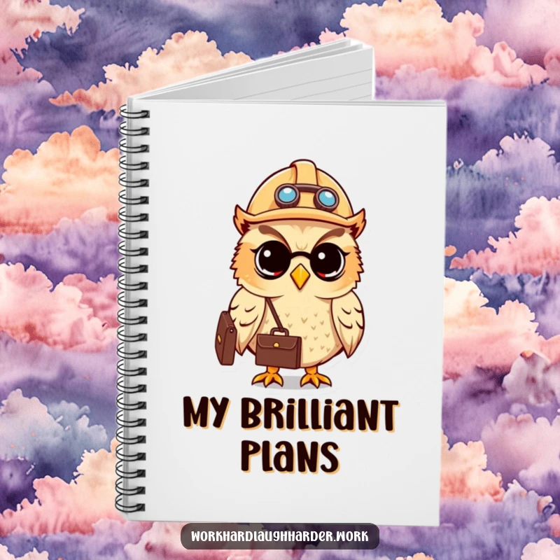 Funny cute owl wearing a hard hat and carrying a briefcase, featured on the cover of a business notebook.