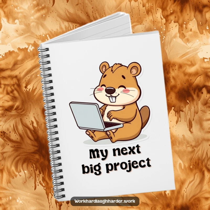 Funny notebook cover with a happy beaver typing on a tiny laptop, designed for jotting down productive thoughts and ideas.