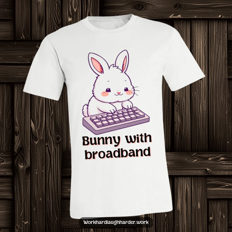Funny fluffy rabbit furiously typing on a keyboard, printed on a comfortable t-shirt for tech lovers.