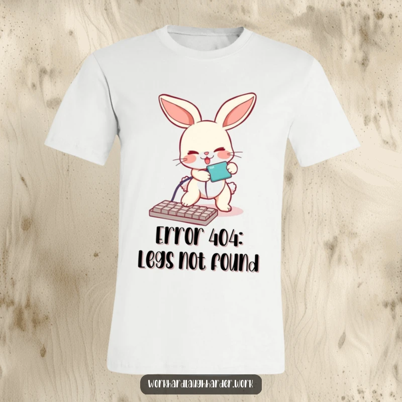 Funny t-shirt showing a cute bunny comically tumbling over a messy keyboard cable, highlighting tech fumbles.