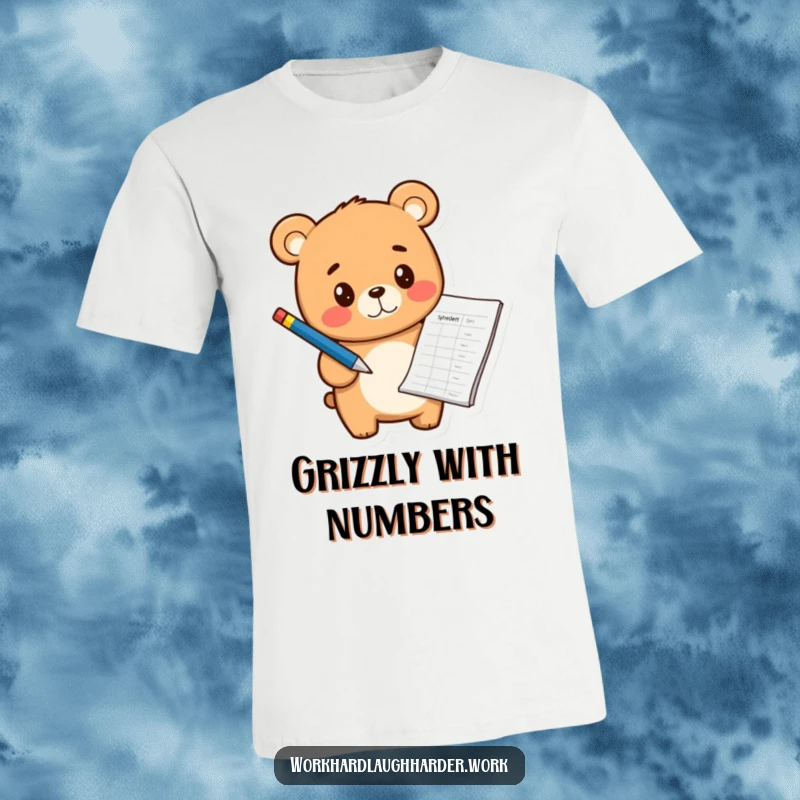 Funny cheerful bear cub with a pen pointing at a spreadsheet, printed on a comfortable t-shirt.