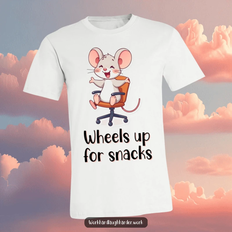 Funny joyful mouse joyfully riding a rolling office chair, depicted on a T-shirt, embodying office fun and a funny gift.