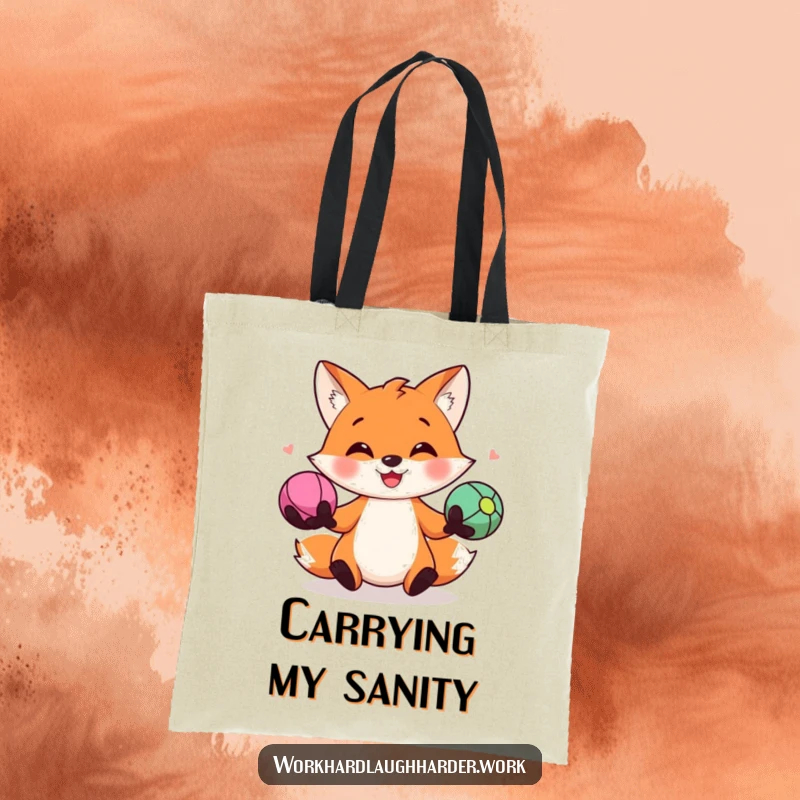 Funny tote bag illustrating a cheerful fox expertly juggling three bright stress balls, emphasizing playful organization and lightheartedness.