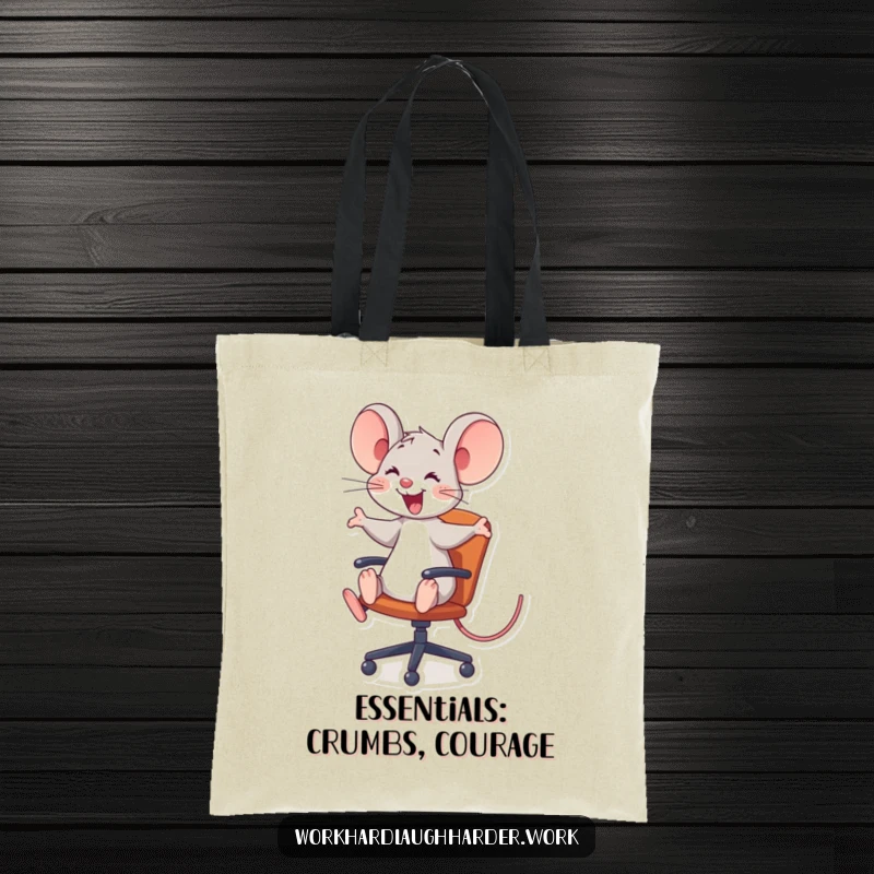 Funny joyful mouse riding a rolling office chair, comically depicted on a durable tote bag, a hilarious funny gift.